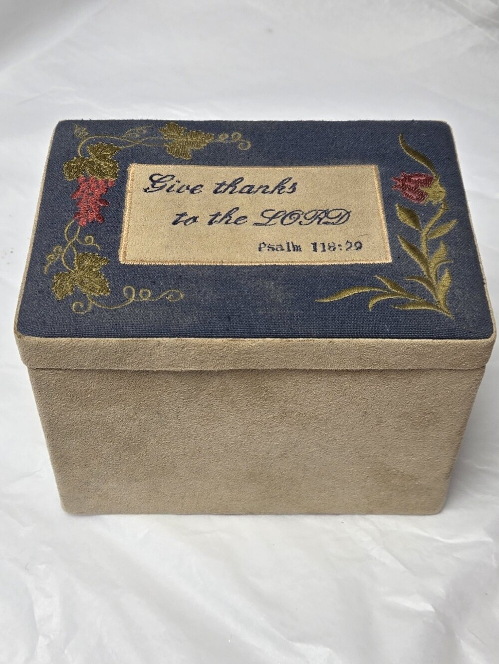 Recipe Box 'Give Thanks To The Lord' Psalm 118:29 Embroidered in Blue and Tan